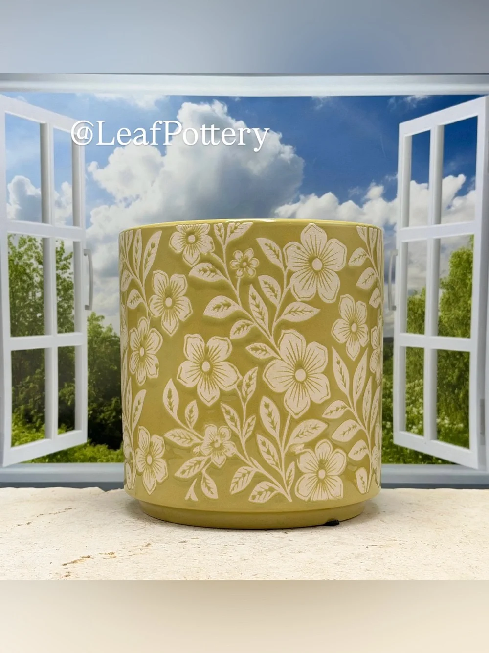 Mustard Yellow Floral Ceramic Planter with Drainage Hole, 6 Inch planter